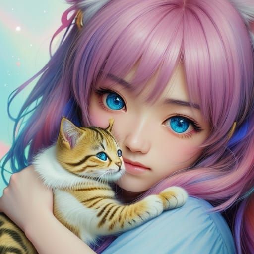 Cute Girl Hugging Kitten in Kawaii Art Style