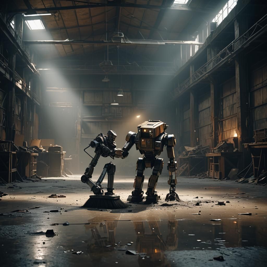 Robot Sweeper in Abandoned Warehouse: Film Noir
