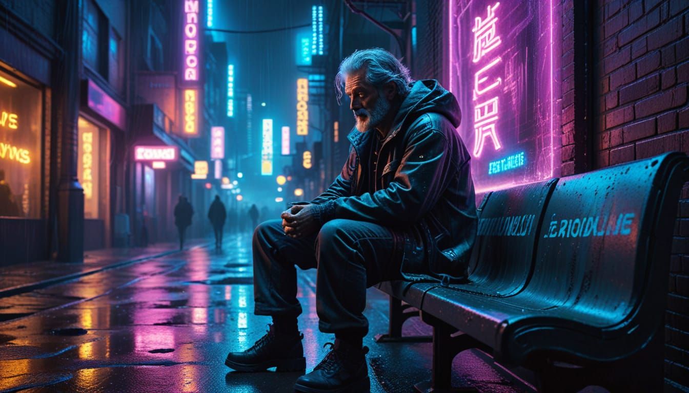 Cyberpunk Homeless Man Reads Book in Neon Alleyway