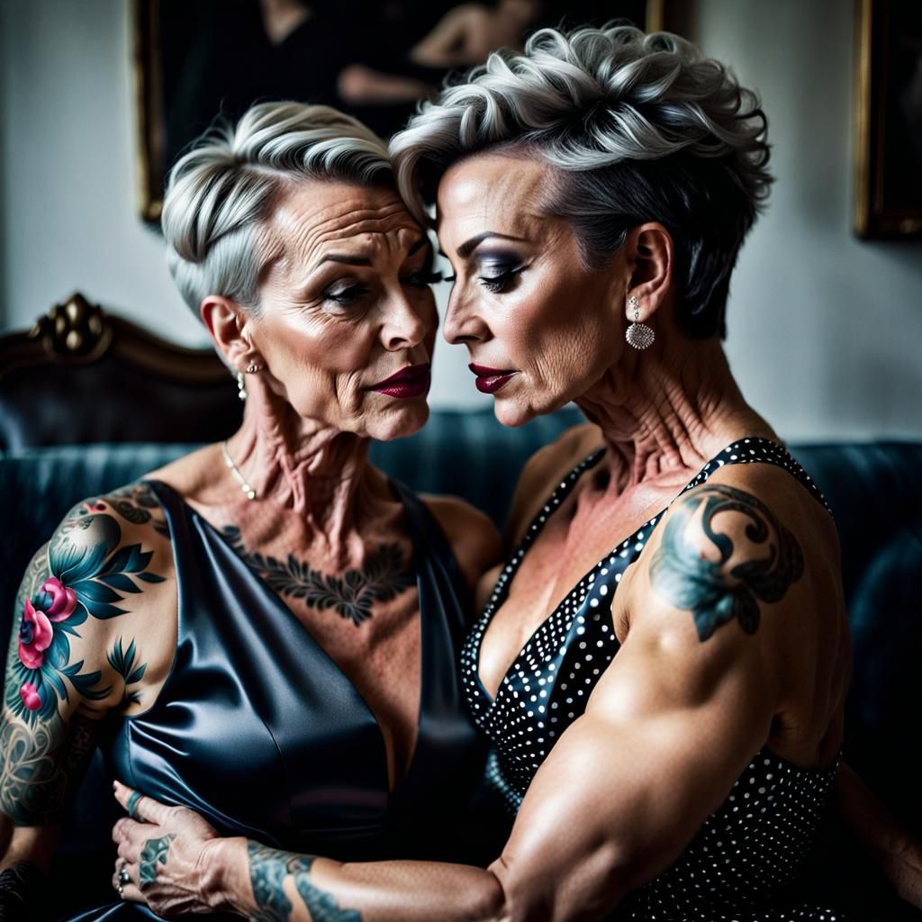 Classy Bodybuilder Women Kissing on Couch