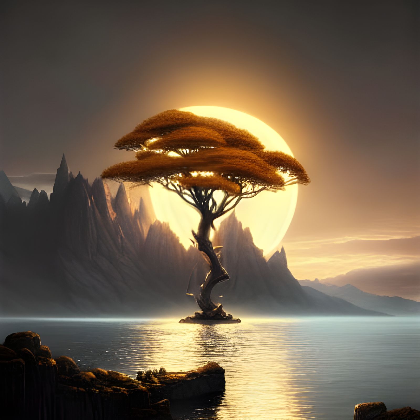Golden Tree Island Under Moonlight