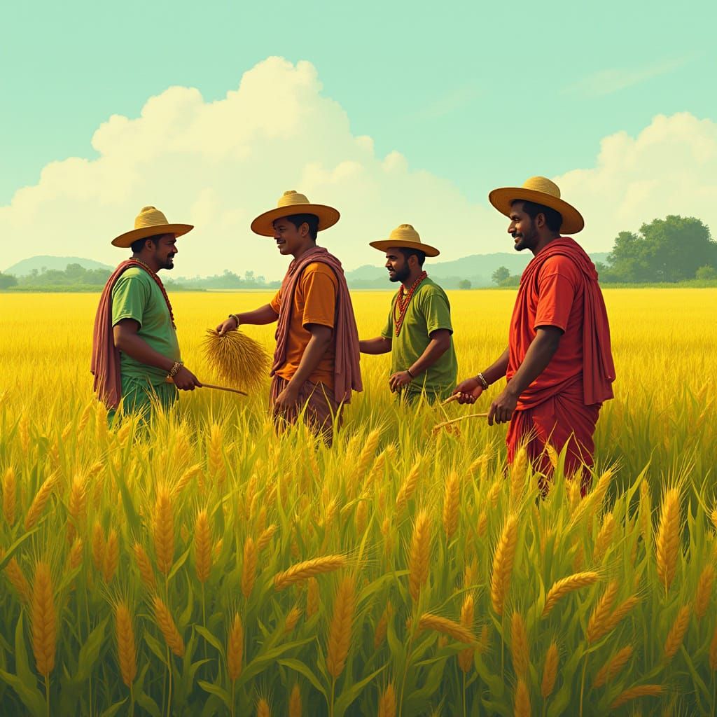 Golden Wheat Harvest: A Vibrant Digital Folk Art