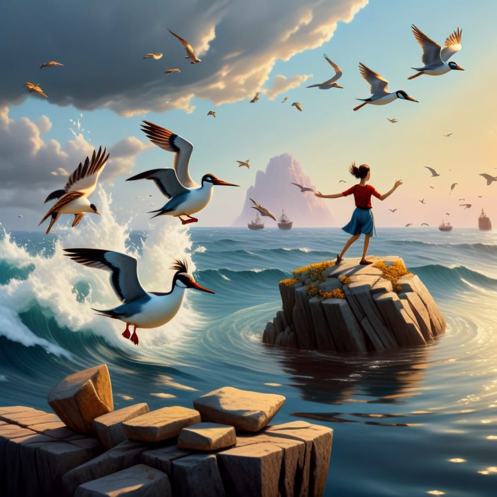 Surreal Ocean Waves Crashing on Rocks in Kalmakov Style