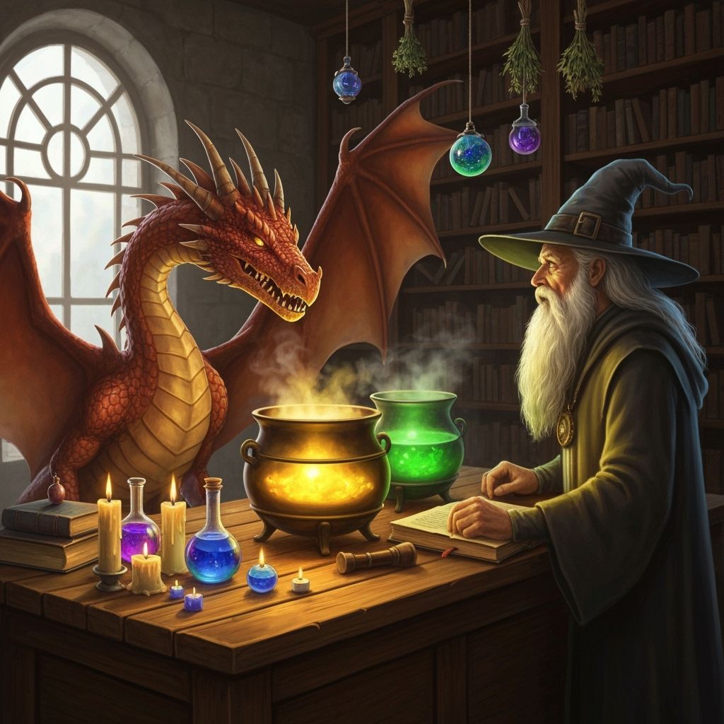 Wise Wizard Confronts Dragon in Magical Lab