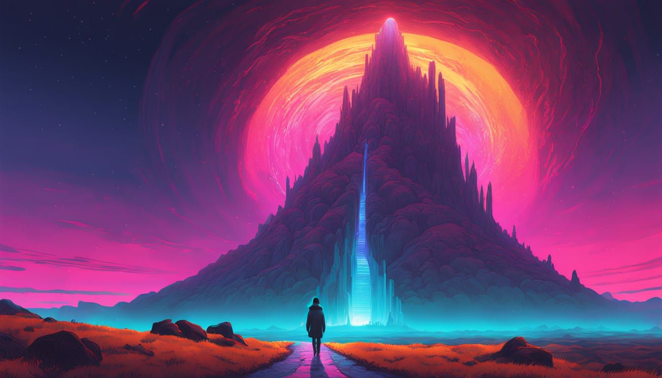 Spiraling Pathway to the Stars in Neon Dreamscape