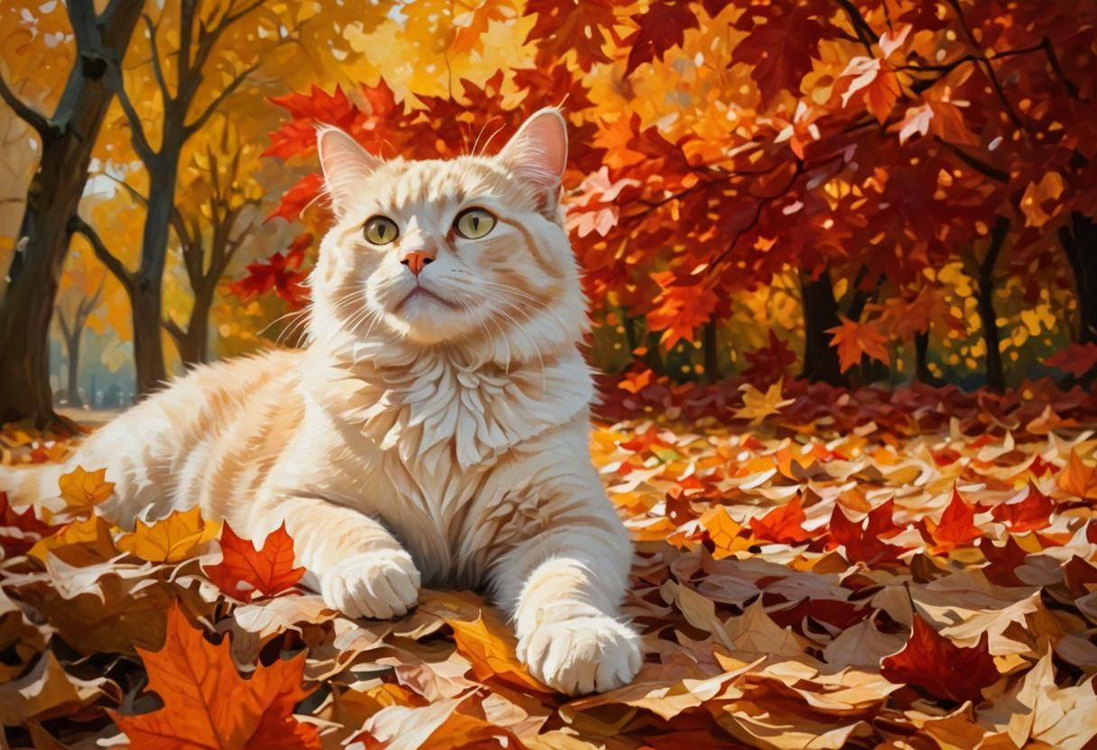 Cat in Autumn Leaves: Impressionist Oil Painting