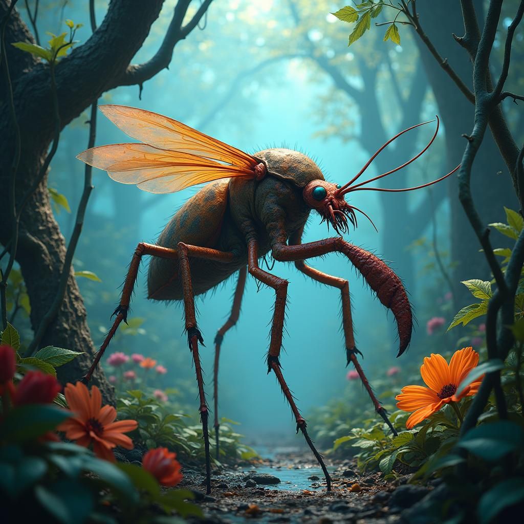 Gruesome Mosquito-Crab Hybrid in Misty Jungle: Matte Paintin...