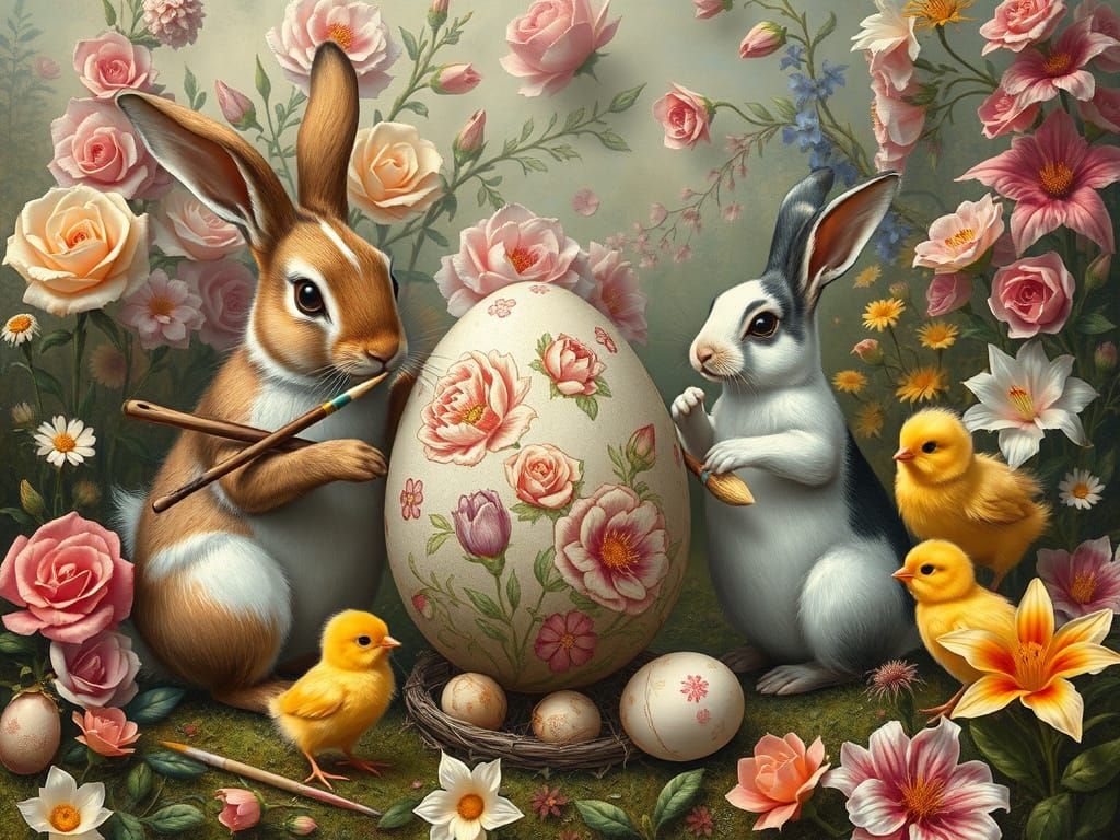 Rabbits and Chicks Painting Easter Eggs
