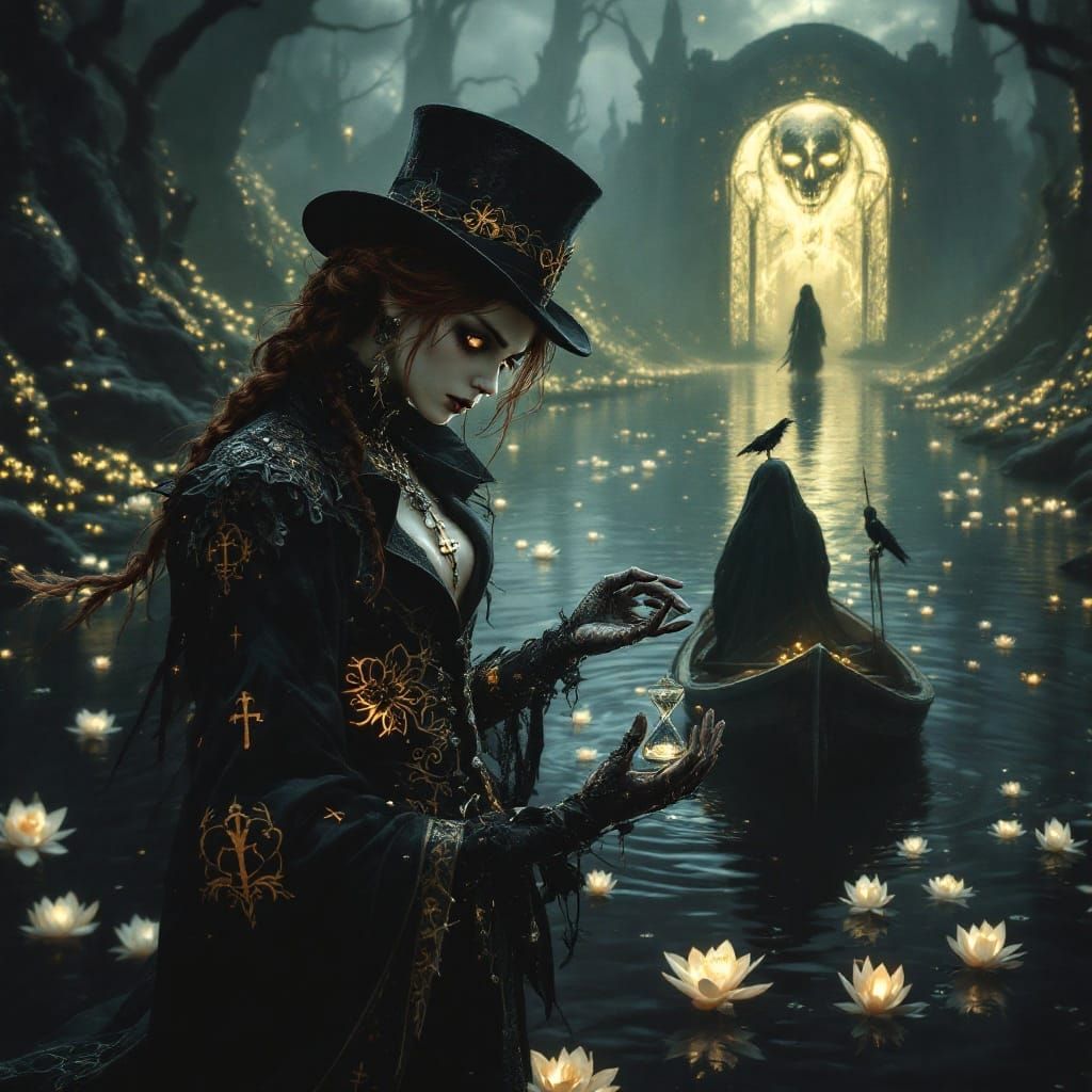 Ethereal Death's Ferry Ride in Victorian Gothic Style