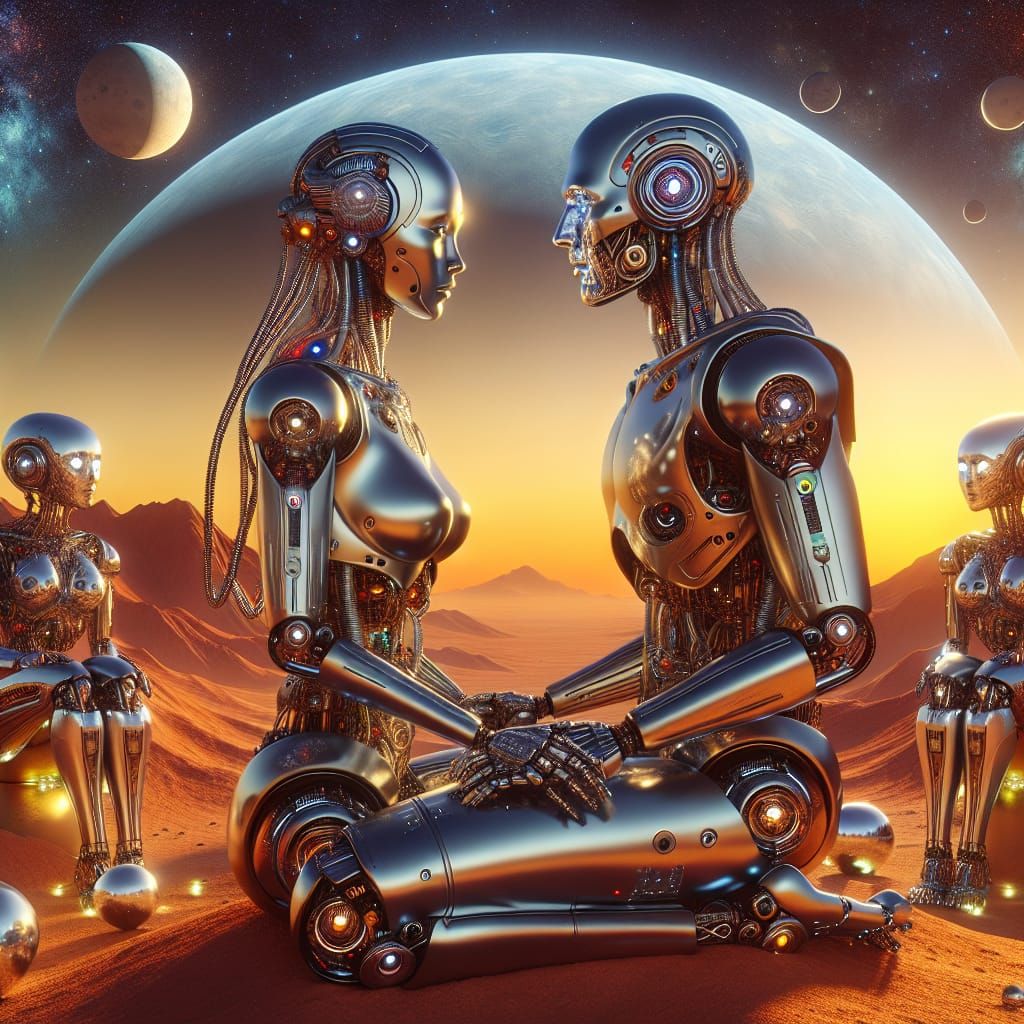 Chrome Cyborg Couple in Martian Desert, Sorayama Style