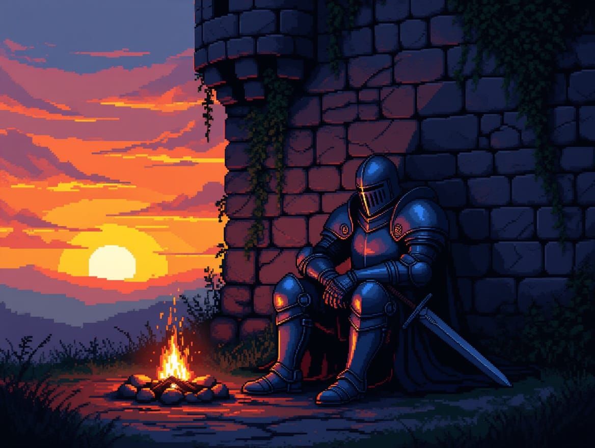 Weary Dark Fantasy Knight in Pixel Art