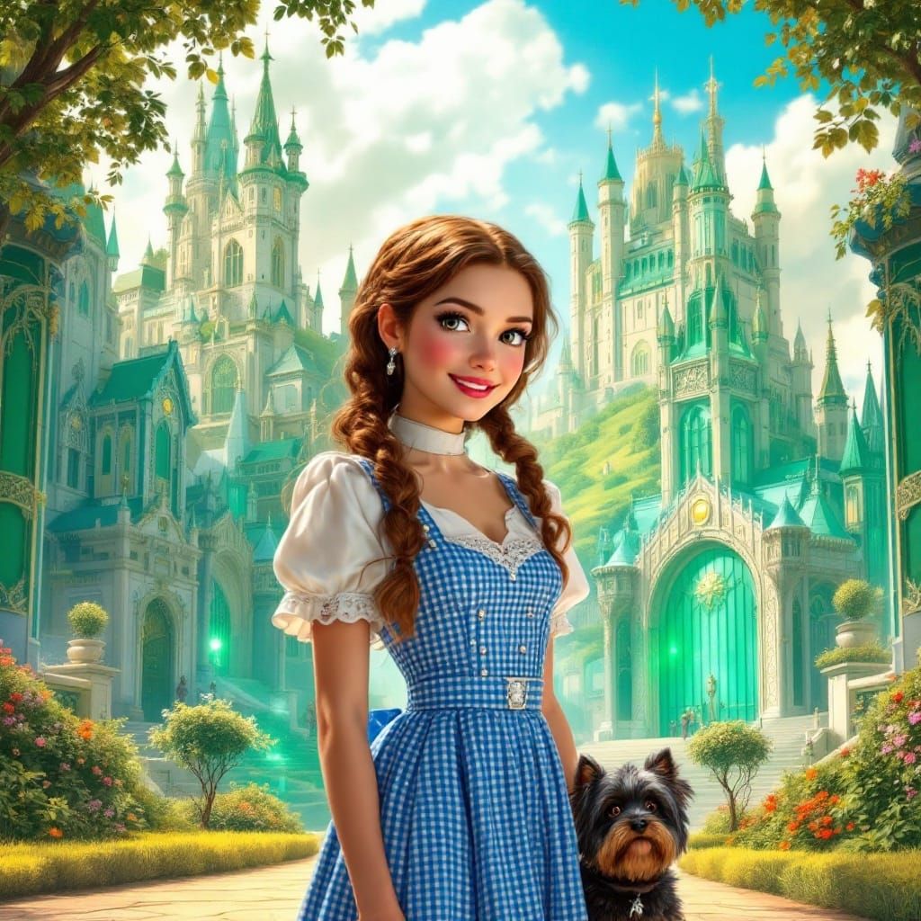 Dorothy and Toto Stand Before Emerald City in Whimsical Sple...