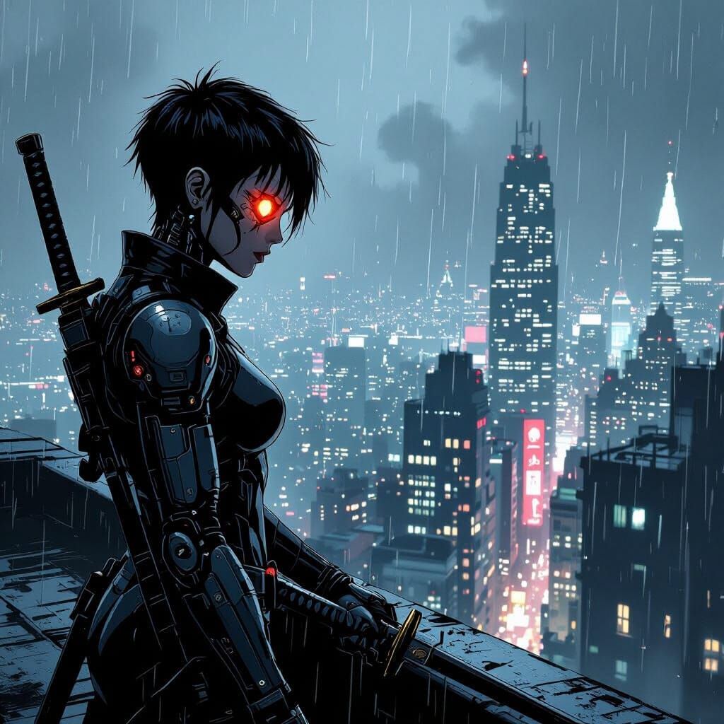 Melancholic Cyborg Assassin in Gritty Comic Noir Style