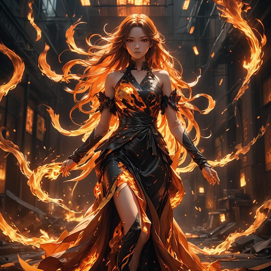 Anime Girl in Burning Dress: 3D Digital Art