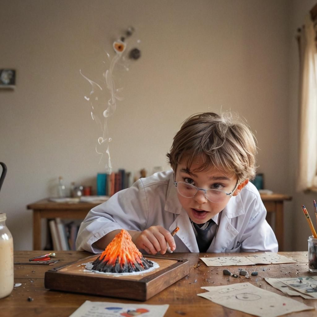 Erupting Volcano: Kid Scientist in Workshop, Animation Art