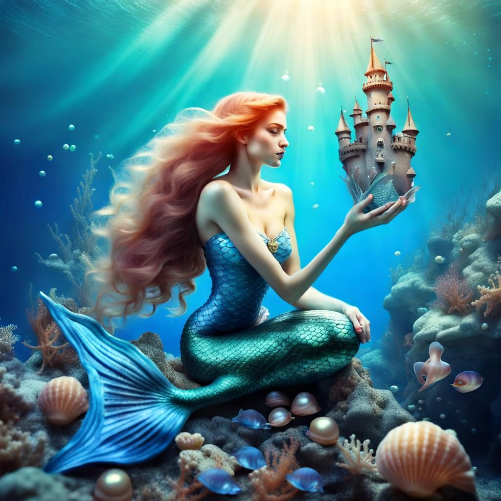 Underwater Mermaid Collecting Pearls Near Fairy Castle