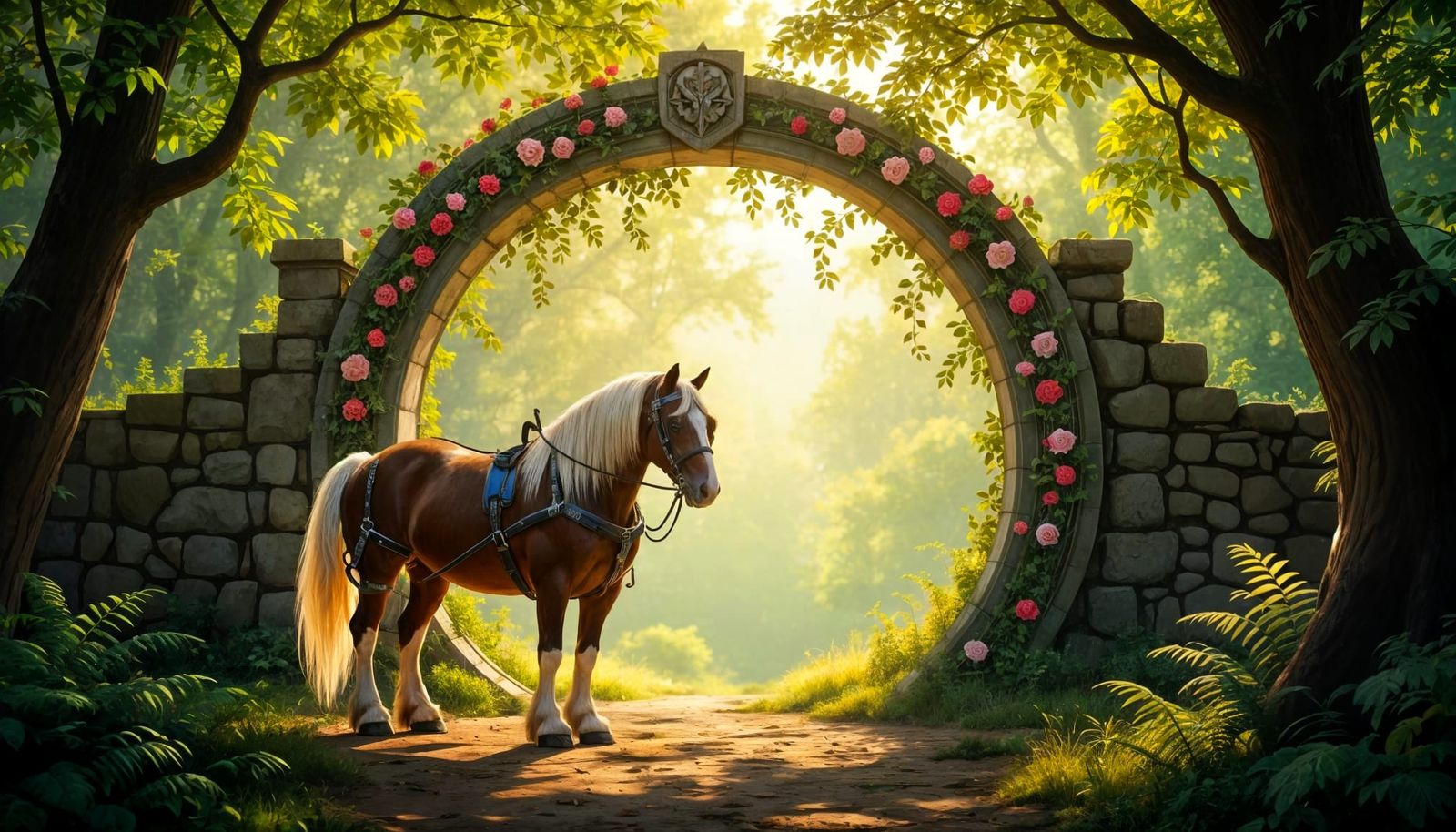 Majestic Clydesdale Before Ancient Portal in Sun-Dappled For...