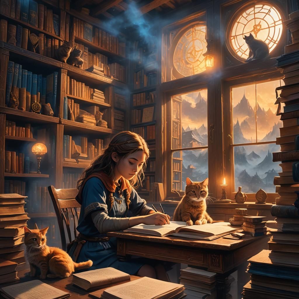 Girl and Cat Study in Mystical Golden Light