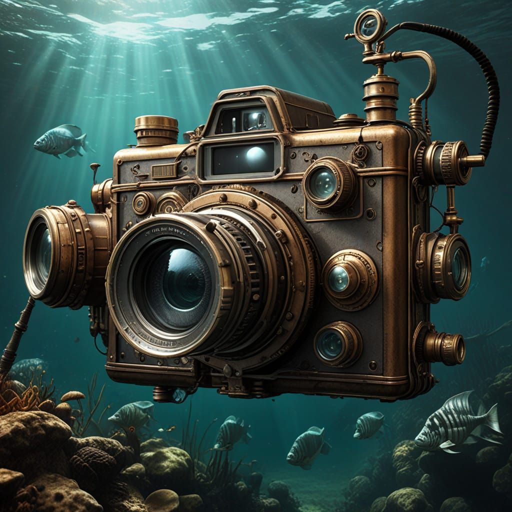 Underwater Steampunk Camera Odyssey in Dark Victorian Style