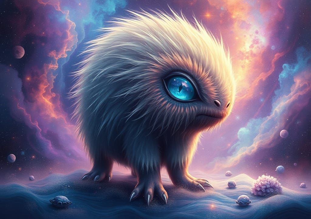 Iridescent Alien Monster in Holographic Cosmic Dreamscape