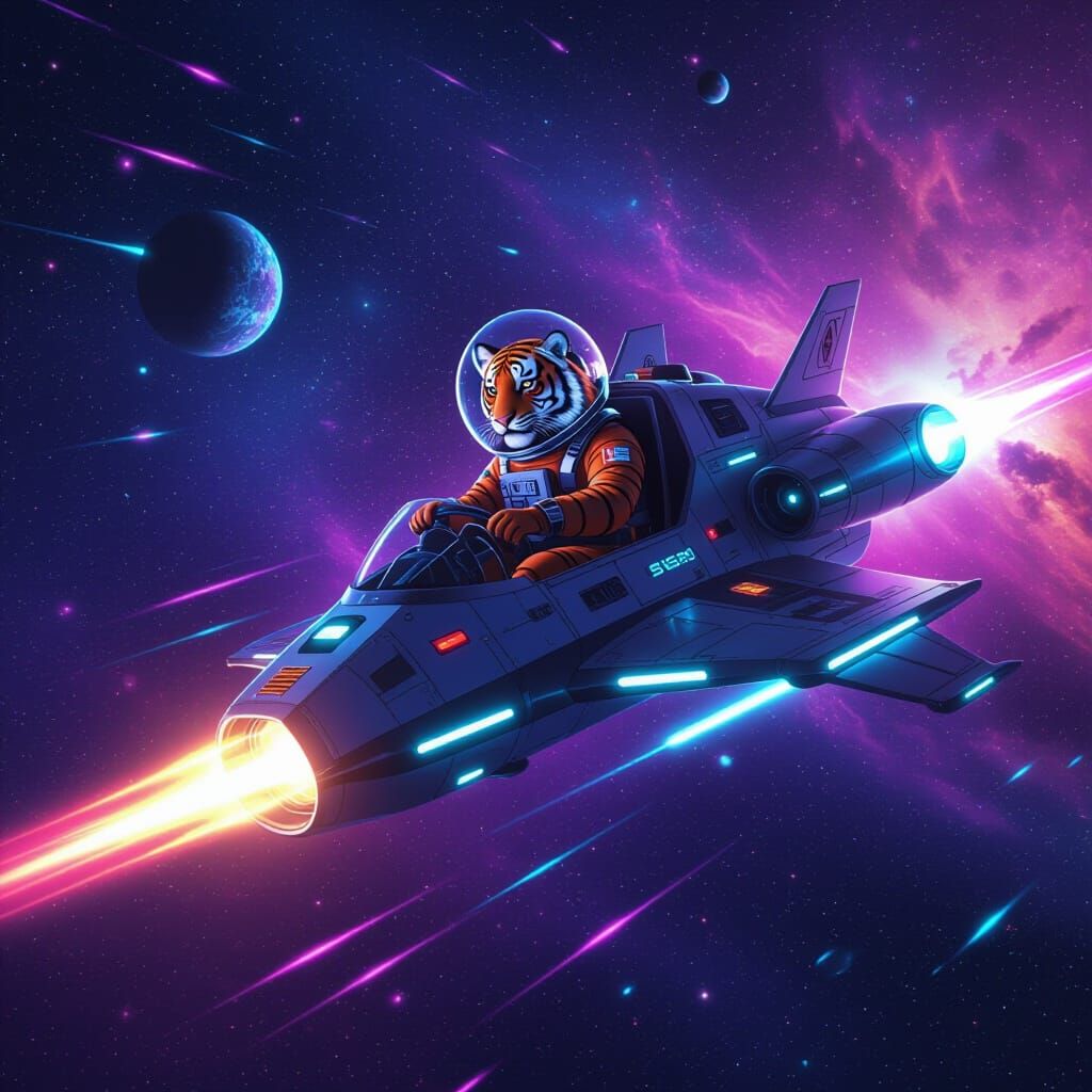 Tiger Astronaut Soaring Through Galaxy in Spaceship