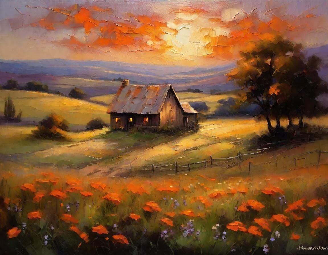 Idyllic Farmhouse Sunset: Impressionist Oil Painting