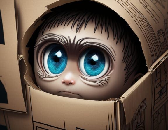 Creepy Cartoon Boy Peeking from Cardboard Box House