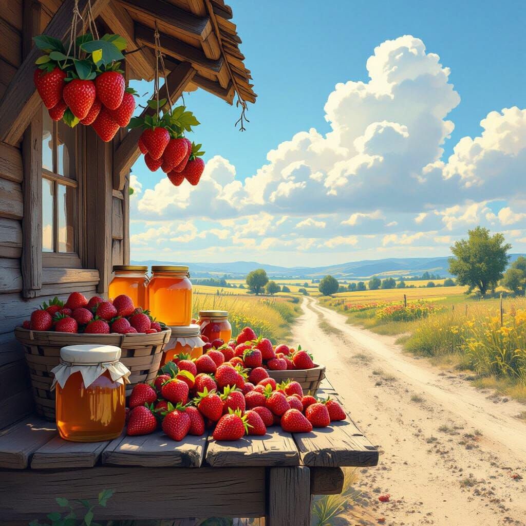 Impressionistic Stall with Strawberries and Honey