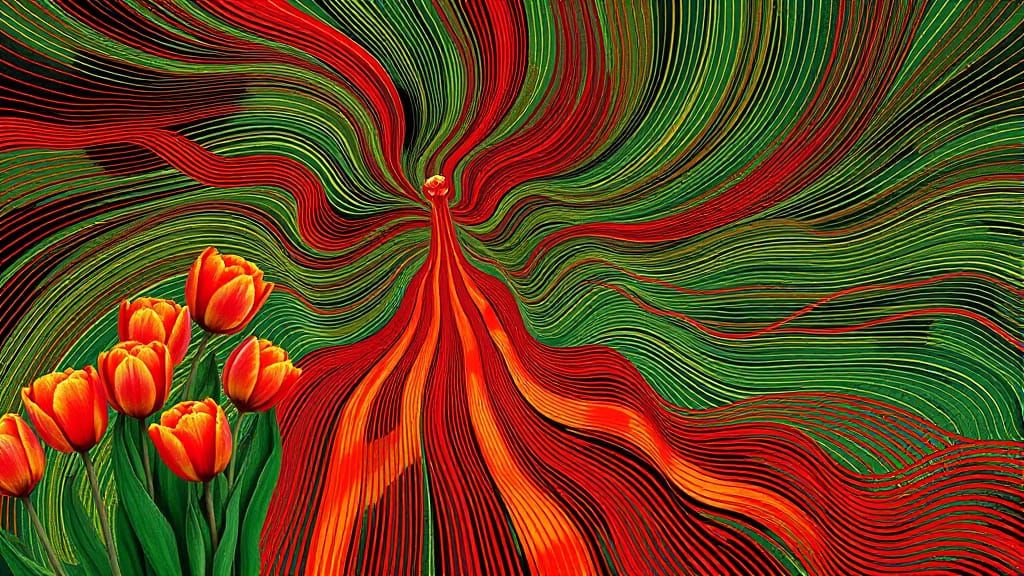 Ethereal Striped Figure with Dancing Energy Lines