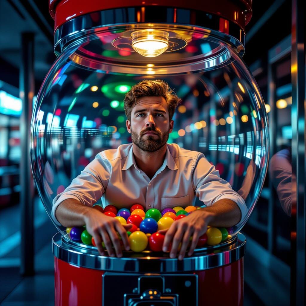 Man Trapped in Gumball Machine: Photorealistic 8K