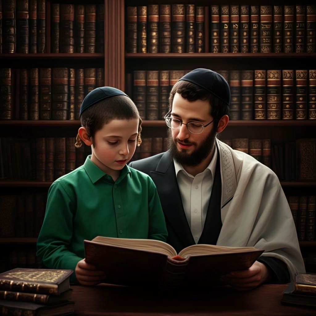 Hasidic Father and Son Reading, Hyperrealistic Concept Art