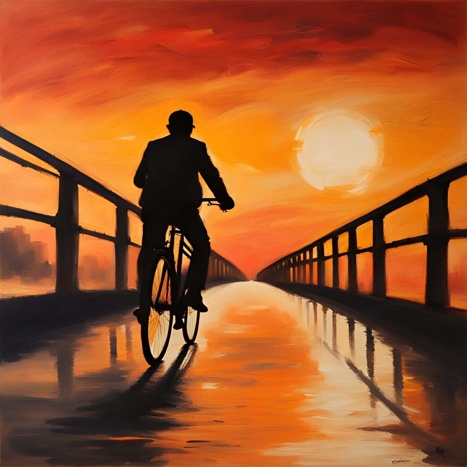 Silhouette on Bridge in Oil Painting Style