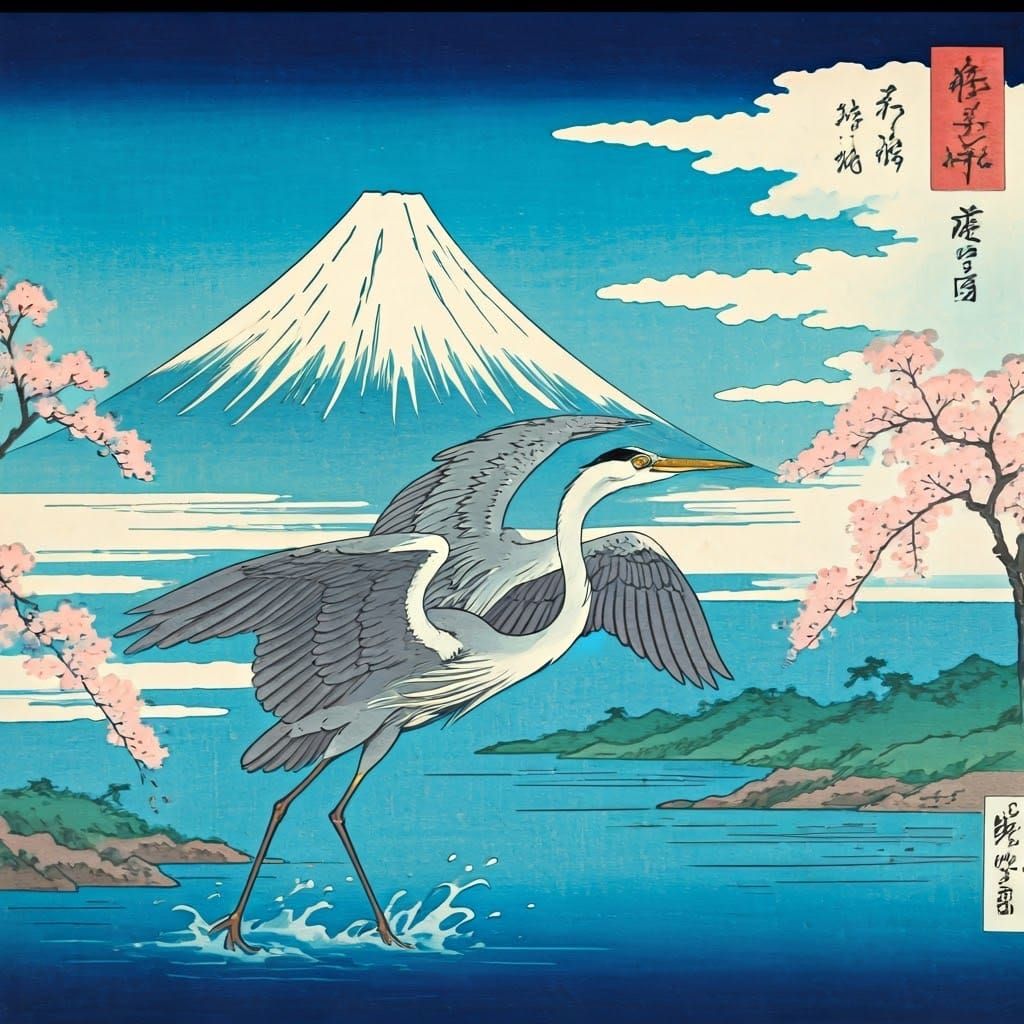 Herons Taking Flight, Mount Fuji in Ukiyo-e Style