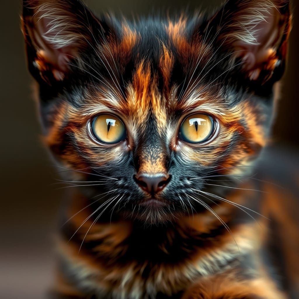 Realistic Tortoiseshell Kitten Portrait in Autumn Hues