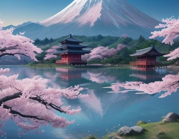 Sakura Tree by Lake: Holographic Astral Illustration