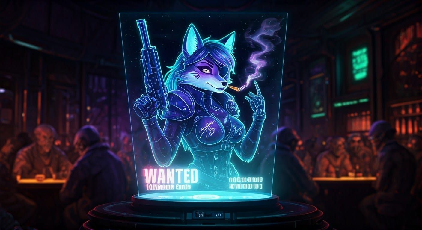 Holographic Wanted Poster: Cyberpunk Fox in Sci-Fi Tavern