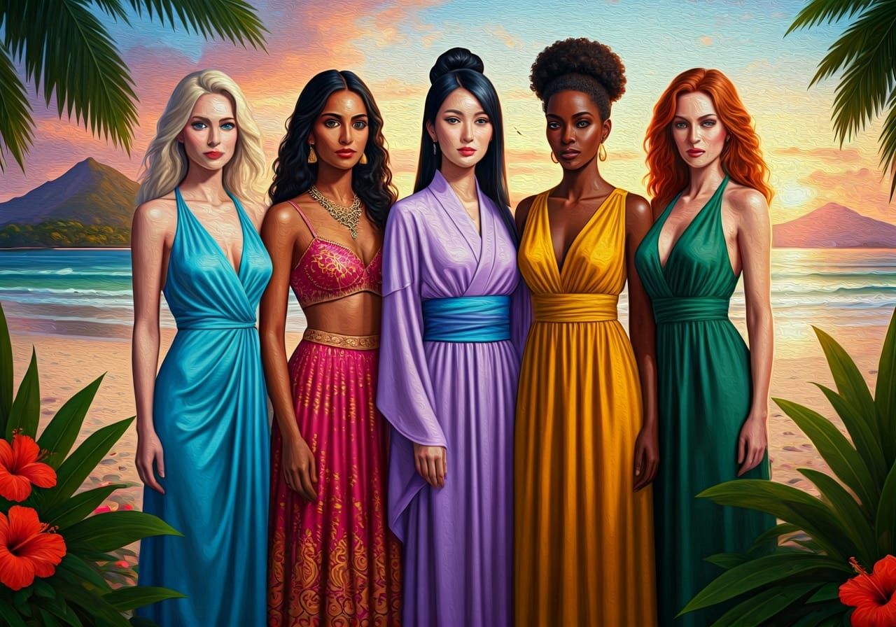 Diverse Women on Tropical Beach: Oil Painting