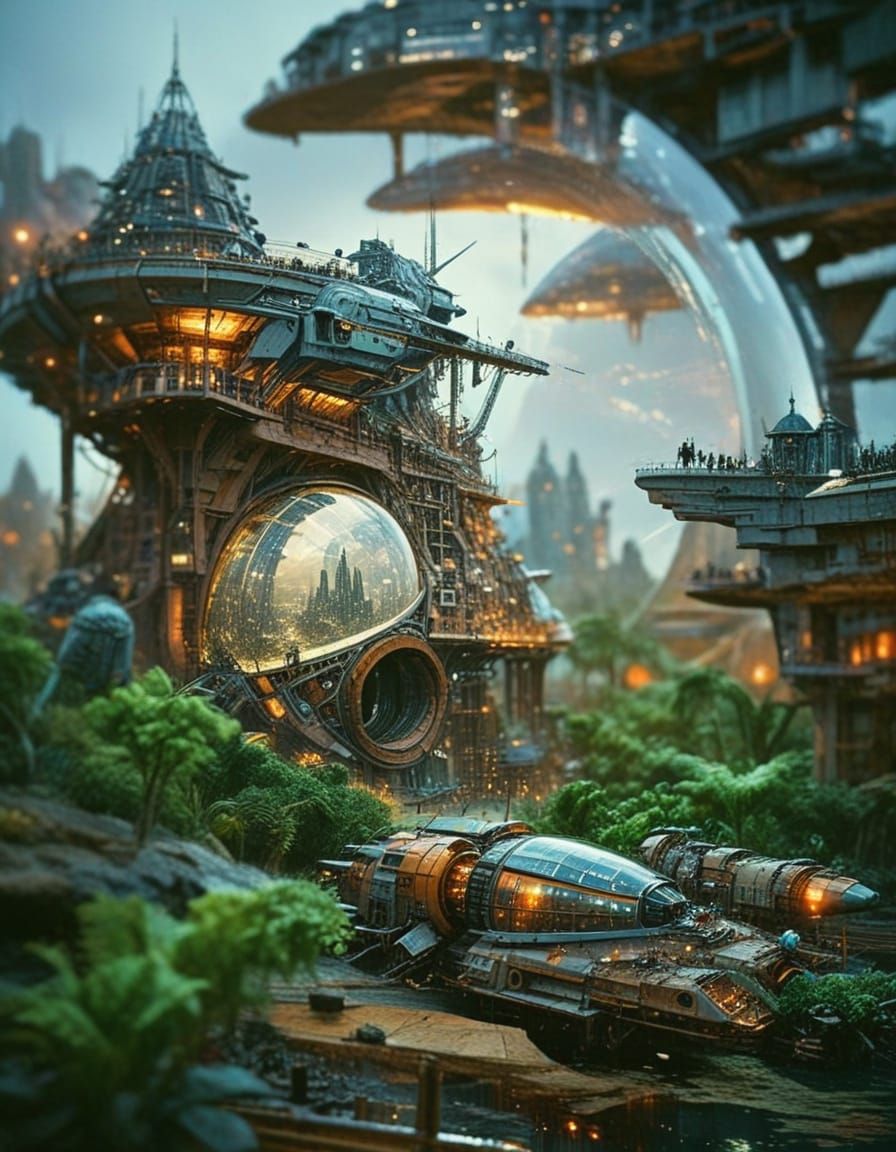 Ethereal Solarpunk Metropolis in Vibrant Sunset