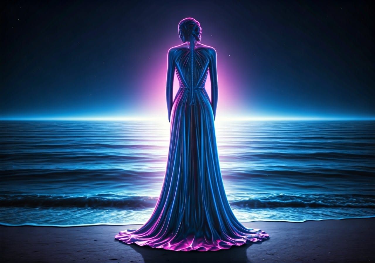 Ethereal Goddess in Luminescent Gown on Moonlit Beach