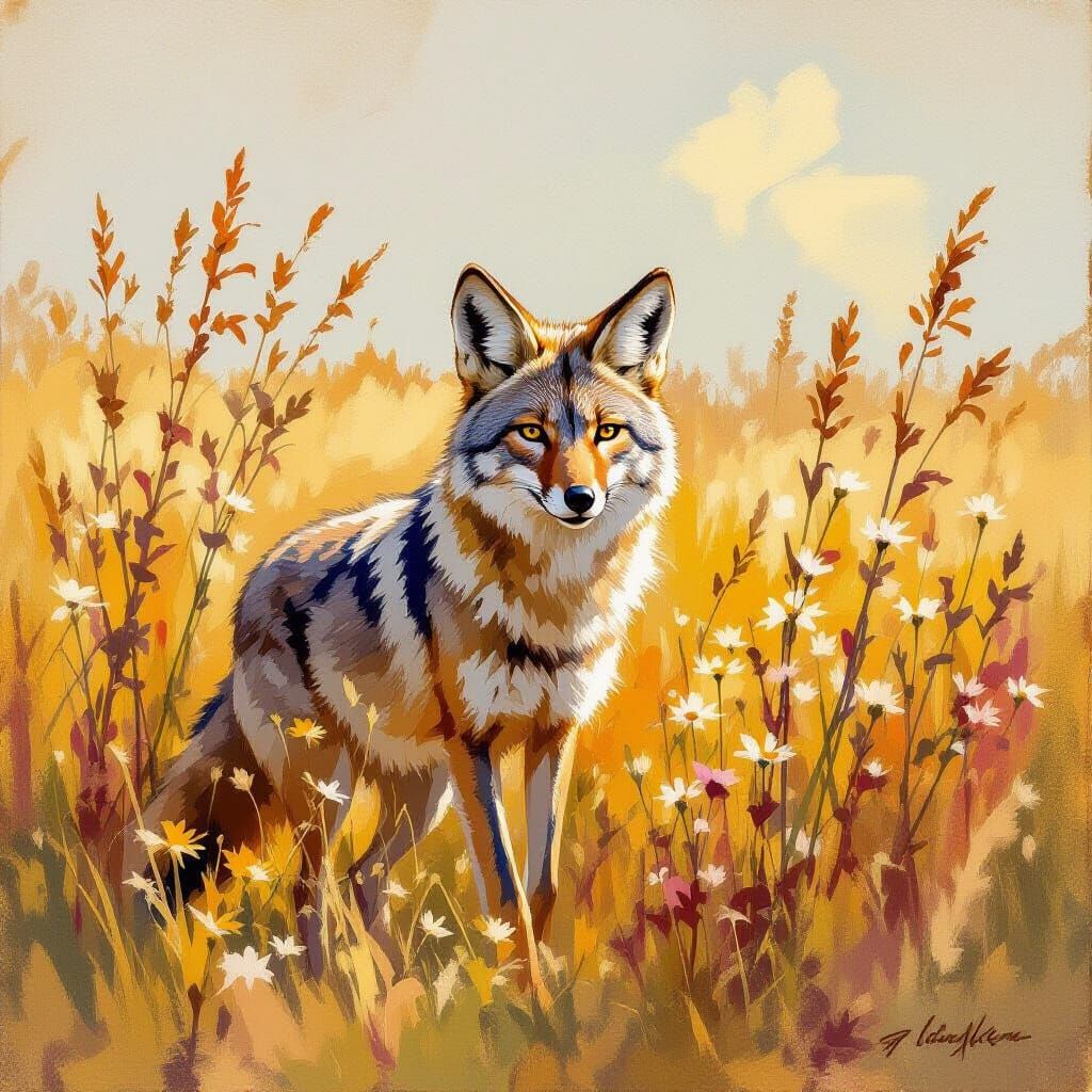 Coyote in Prairie Impressionist Oil Painting