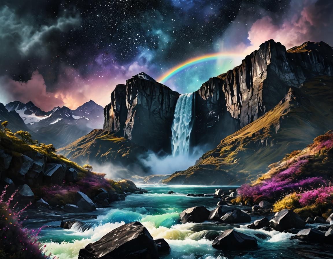 Mythical Waterfall Landscape with Metallic Ink Watercolor