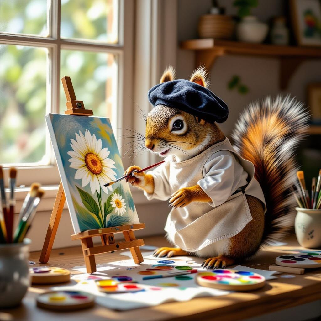 Squirrel Painter in Miniature Studio, Hyperrealistic Style