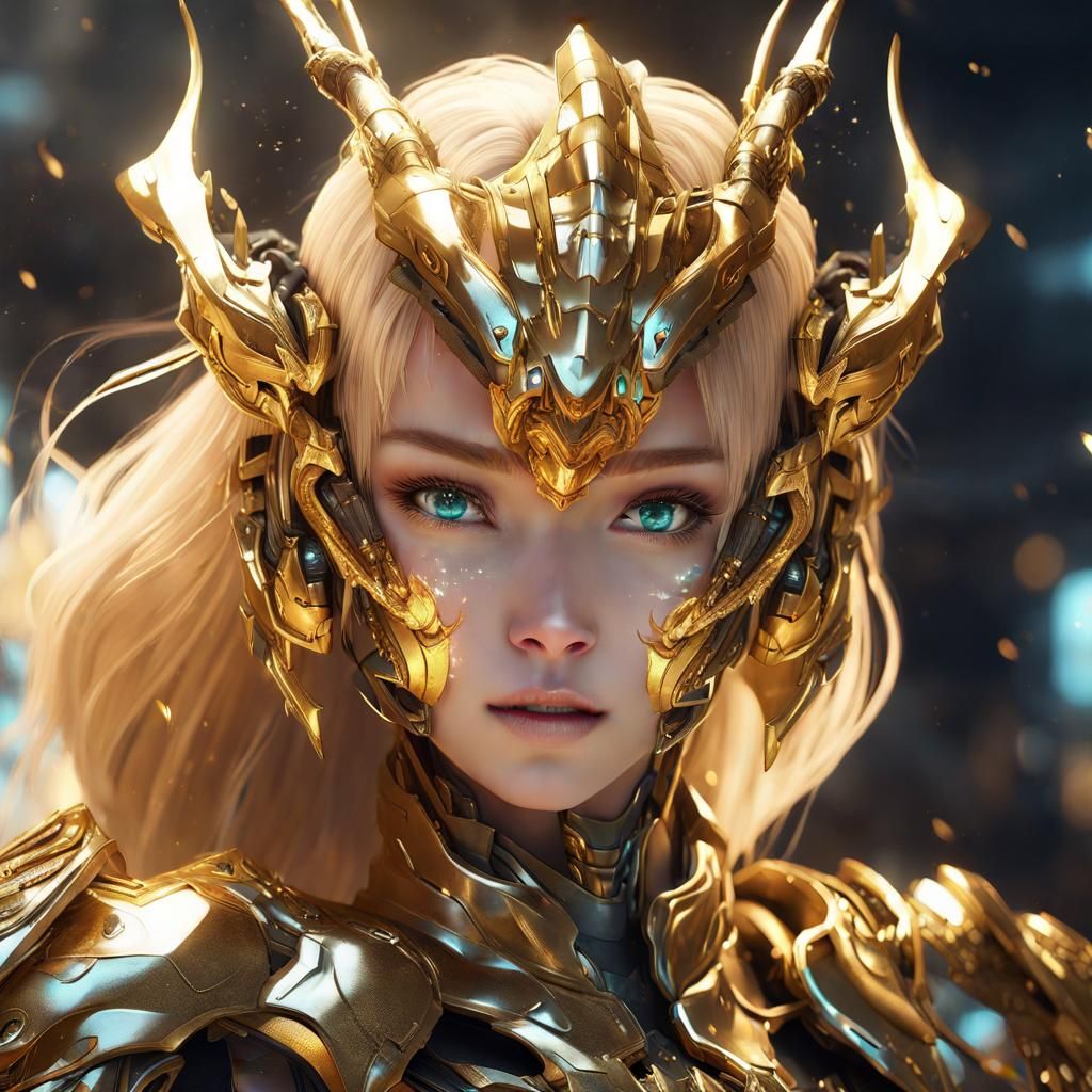 Anime Dragon Girl with Golden Cyborg Armor