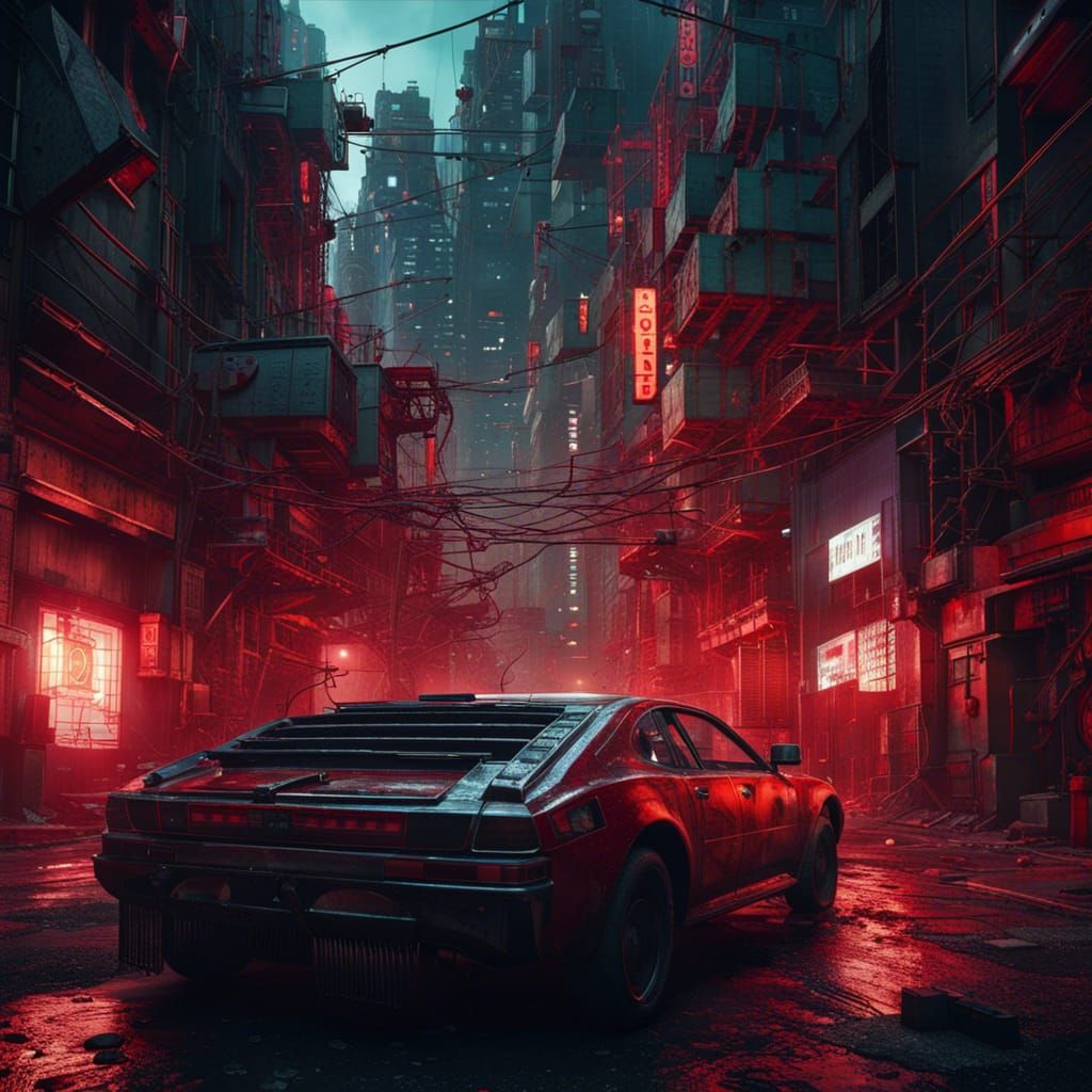 Dystopian Cyberpunk Urban Decay in Red Lighting