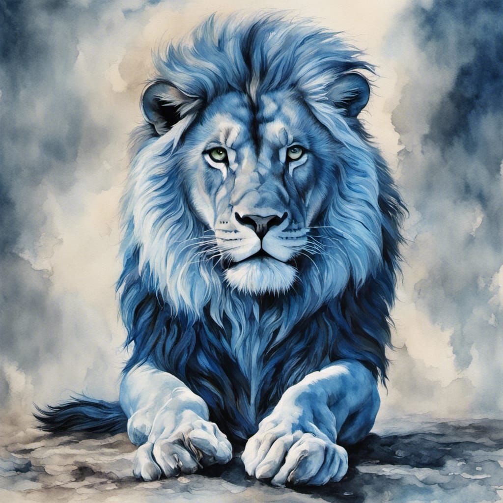 Fierce Blue Lion Roaring: Watercolor Art