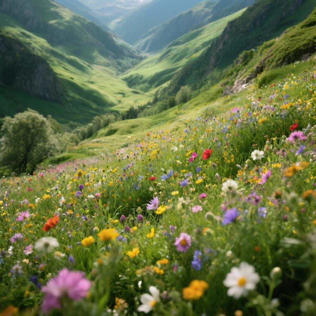 Lush Valley of Wildflowers in Hyperrealistic Style