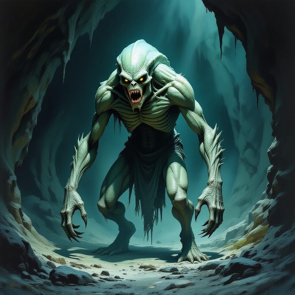 Grotesque Pale Creature in Dark Cavern
