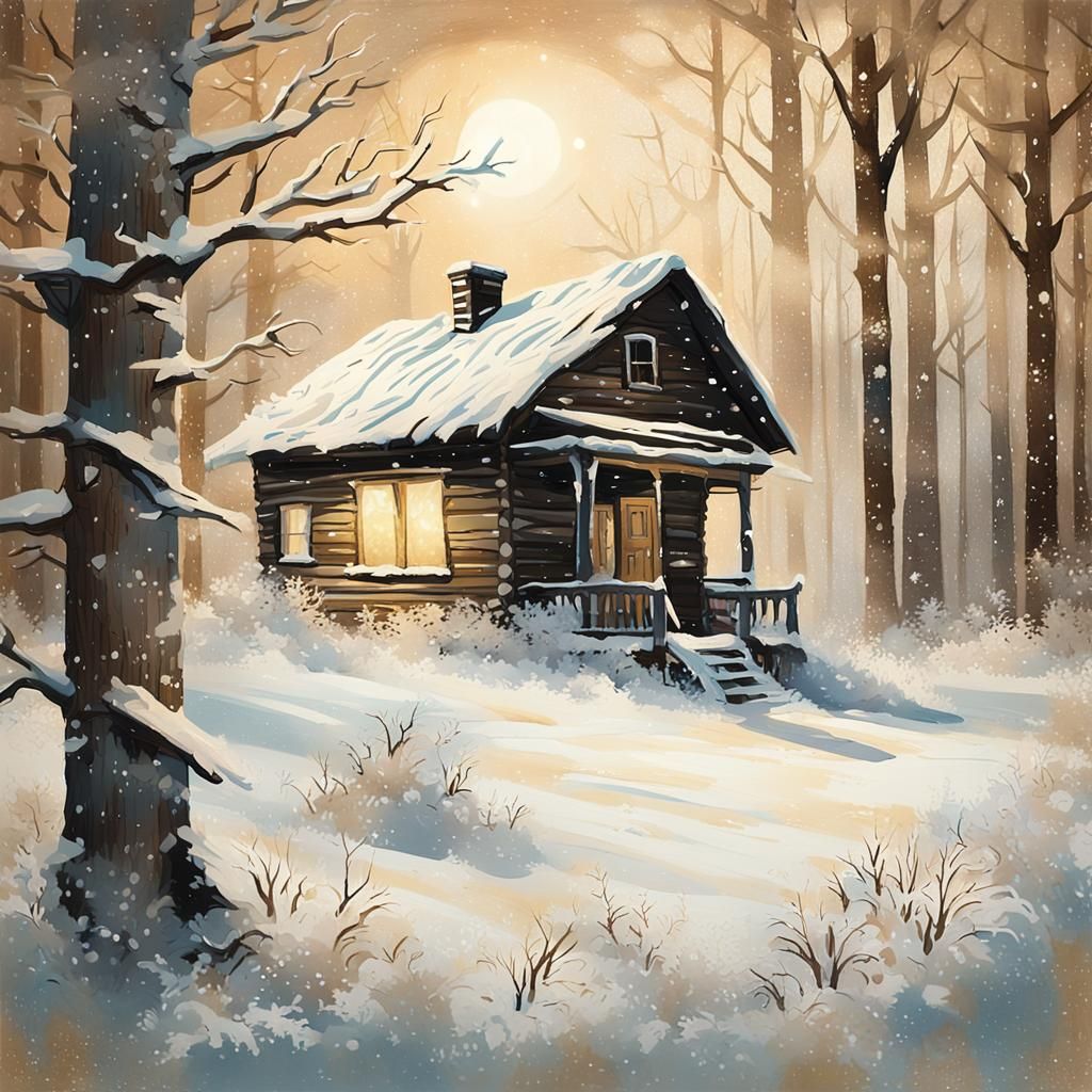 Winter Cabin Landscape in Graffiti Art Style