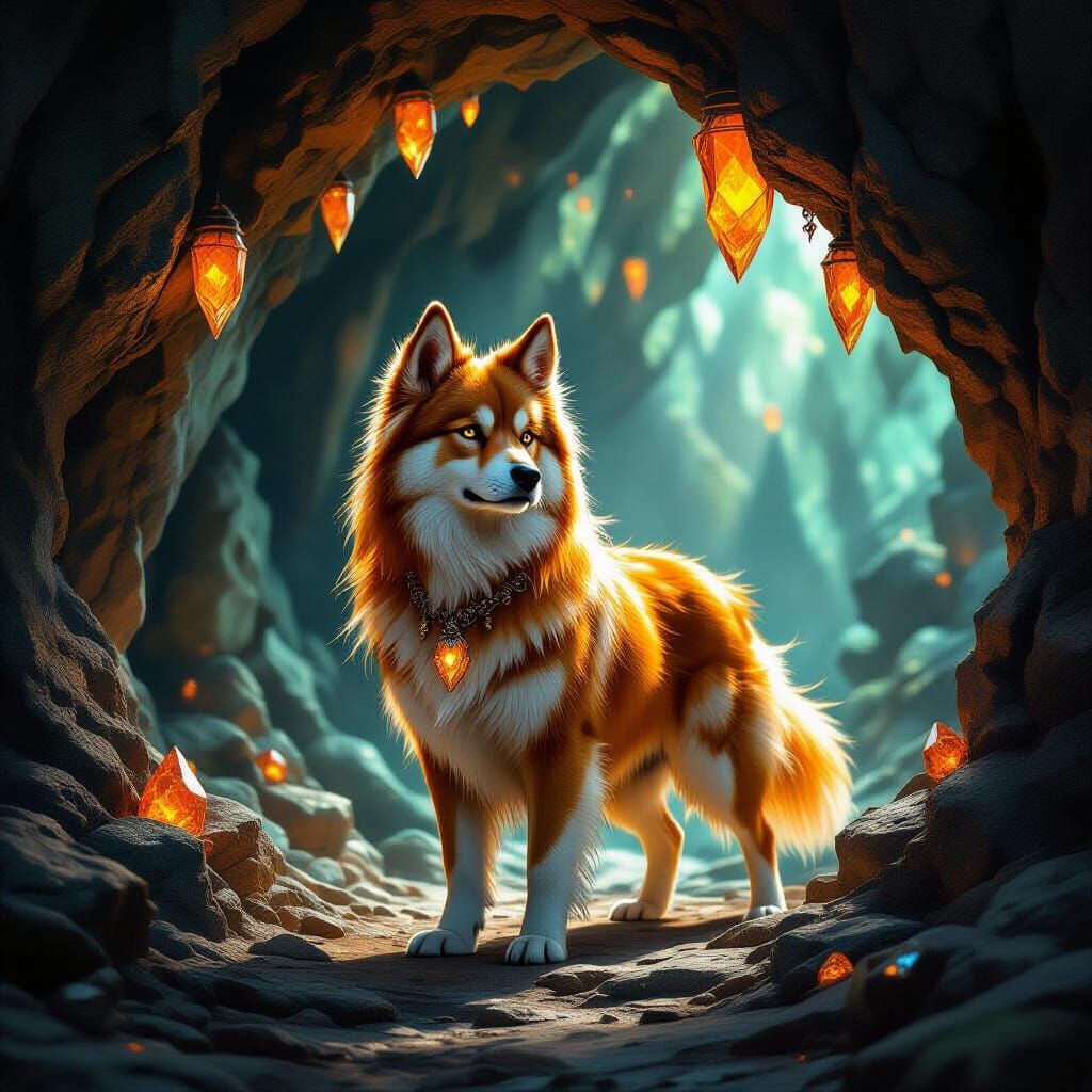Majestic Orange Dog Guards Gemstone Cave in Dark Fantasy Sty...