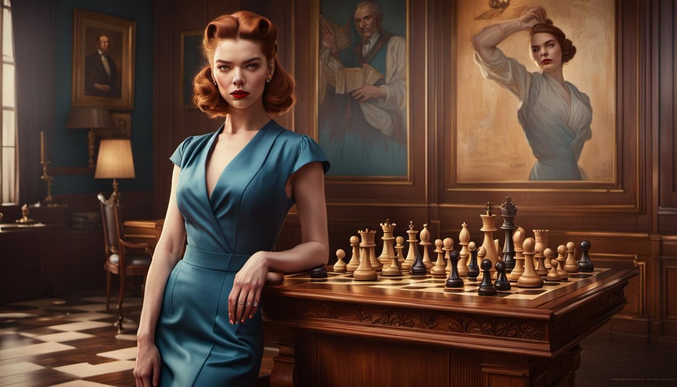 full body, Actress Anya Taylor Joy, auburn hair, chess pieces, mid 1950 style clothes, classy room with wooden decoratio...